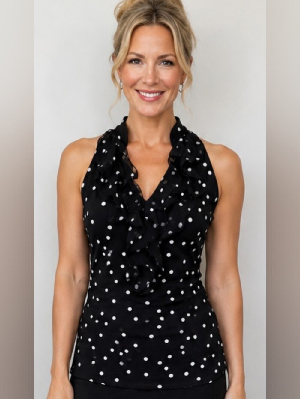 White House Black Market Polka Dot Ruffle Halter Top Black White Sleeveless Y2K